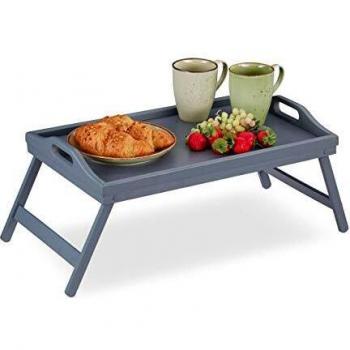 Bandeja de Cama Plegable de Bambú con Asas y Bordes Elevados, 6,5 x 50 x 30 cm, Gris