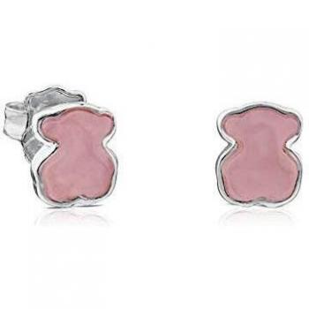 TOUS Pendientes de Plata de Primera Ley y Cuarcita Rosa, Cierre a Presión - Motivo: 0,9 cm