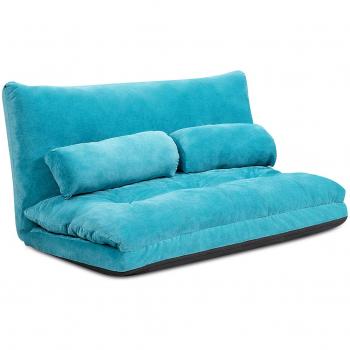 Sofá a Ras de Suelo Multifuncional Regulable en 6 Posiciones con 2 Almohadas Forro en Ante Azul