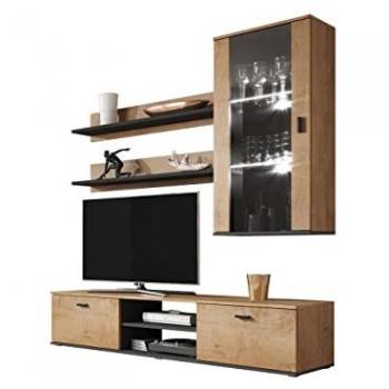 Conjunto de salón modular Charlotte E113, Aglomerado laminado Lefkas roble y Negro, con mesa de TV y vitrina colgante, dimensiones 180 x 43 cm