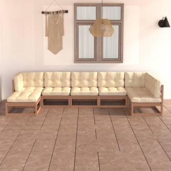 Juego de muebles de jardín 7 piezas con cojines sólidos de madera de pino maciza