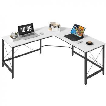 HOMCOM Escritorio Esquinero Moderno en Forma de L con Marco de Acero, Carga 70 kg, Dimensiones 150x150x76 cm, Color Blanco para Oficina y Hogar