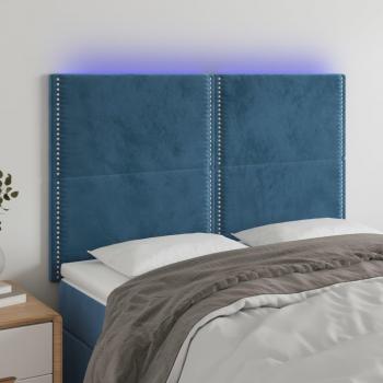 Cabecero LED azul oscuro en terciopelo con dimensiones de 144x5x111/128 cm