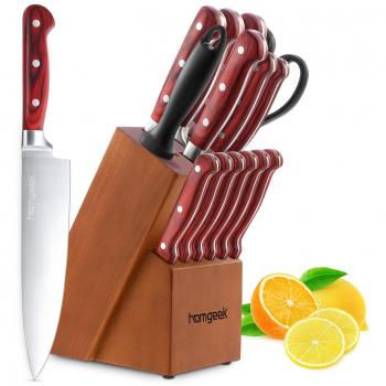 homgeek  Cuchillos Cocina, Cuchillos de Acero Inoxidable con Alto Contenido de Carbono en Alemania, Juego de Cuchillos de 15 Piezas con Caja de Madera en Bloque