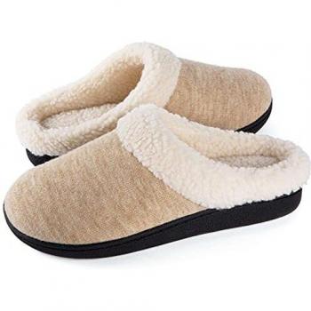 Wishcotton Pantuflas de Espuma Viscoelástica para Mujer, de Felpa Similar a la Lana, para Interiores, Suela de Goma Antideslizante para Exteriores,Beige Claro,40.5/41.5 EU