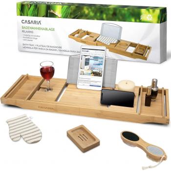 Bandeja de bañera extensible de bambú con utensilio para el cuidado de los pies, guante de lavado y jabonera, dimensiones 29.5-42.9 x 9 x 1.8 in, ant