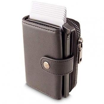 Cartera con Bloqueo RFID para Hombre y Mujer - Stellar Modelo, Negro | Premium Cuero Genuino | Tarjetero de Aluminio | Eyector de Tarjeta | Bolsillo de Billetes y para Las Monedas con Cremallera