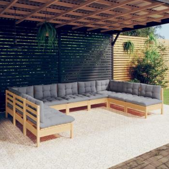 9-Piece Solid Pinewood Garden Lounge Set with Gray Cushions