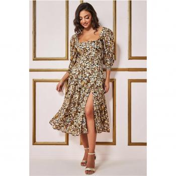Goddiva Leaf Print Shirred Back Midi Dress - Multicolour - Size 8 UK