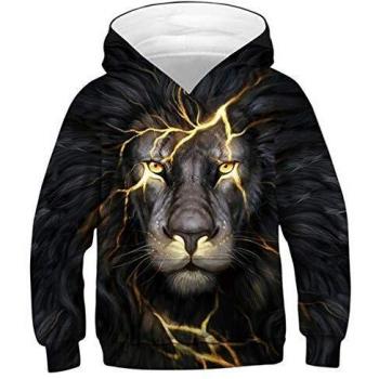 SunFocus Sudadera con Capucha Unisex para niños 3D Ropa de otoño Invierno Niños Niñas Lion Lightning Sudadera con Estampado gráfico Realista de Manga Larga Pullover con Bolsillo L