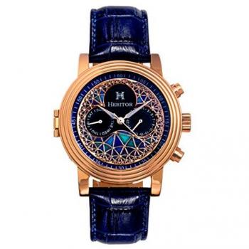 Heritor Men's Automatic Legacy Leather-Band Watch with Day/Date - Rose Gold and Blue