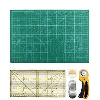 Tabla de Corte A3, Cut Mat, Base de Corte Cúter, Almohadilla de Corte + Cortador de Rodillos + 5 Cuchilla de Repuesto + Regla de Patchwork, Esterilla para Corte, Autocurativa, 45 x 30cm en Verde