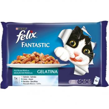 Purina Felix Fantastic Festín del Mar Multipack en Gelatina para Gatos Adultos, Surtido con Salmón, Atún, Bacalao y Pescado Blanco, 16 Sobres de 85g