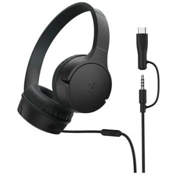 Auriculares Belkin SoundForm Mini On-Ear con cable USB-C y jack 3,5 mm para llamadas y música, resistentes al agua y caídas, negros