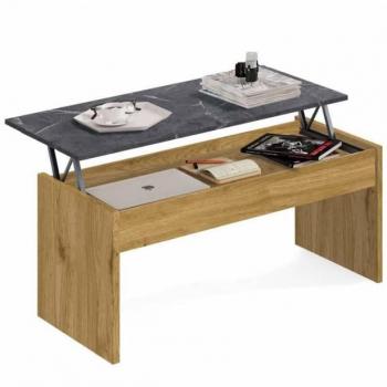 Miroytengo Mesa De Centro Elevable Color Roble Y Mármol Salón Comedor Estilo Moderno Almacenaje 47-58x100x50cm