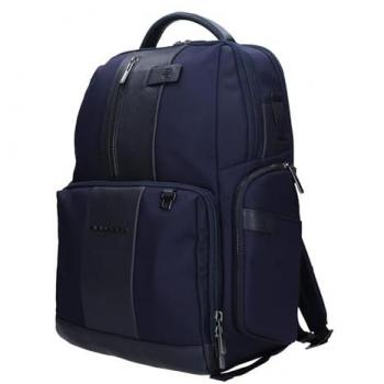 Piquadro Blue Leather and Fabric RFID Laptop Backpack with Cabin Trolley Portability