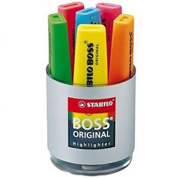 Set de 6 Marcadores Fluorescentes Stabilo Boss en Cubilete - Colores Surtidos, Punta Biselada, Tinta a Base de Agua y Recargables