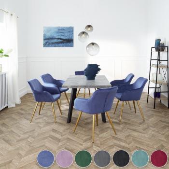 Silla aterciopelada Marilyn patas color oro, tapizada en terciopelo, versátil y combinable, forma ergonómica con bordes redondeados, diseño moderno de acero lacado