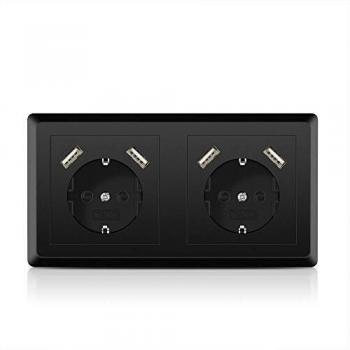 Enchufe doble Schuko con 4 x USB Negro, Kaifire Tomas de corriente con Conectores usb Cargador para smartphone tableta, Enchufes de pared Cabe en cajetín de dos huecos