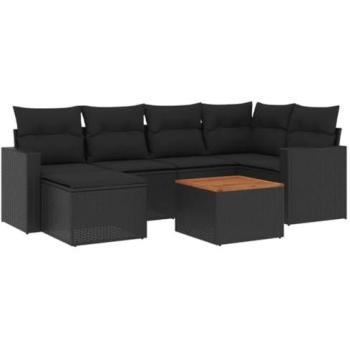 Set de comedor de jardín 7 pzas con cojines de ratán sintético negro