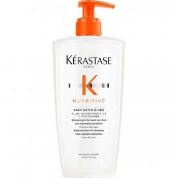 Kérastase Nutritive Bain Satin Riche Intensive Nourishing Shampoo 500 ml - High nutrition shampoo for very dry hair, enriched with plant-based proteins and niacinamide, moisturizes, softens, and restores shine; available in a