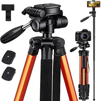 Trípode de Cámara de Movil, Victiv 2 en 1 Ligero Aluminio Trípode Monopie, Trípode Vídeo Canon/Nikon/Sony DSLR, con 2 Placas Liberación Rápida y Soprtre de Teléfono - Naranja