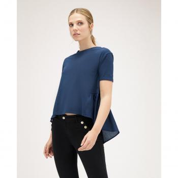 Camiseta de mujer con volante de gasa en tejido de punto de algodón y escote redondo