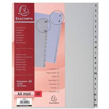 Separadores A4+ Exacompta de Polipropileno Recyclado, 20 Piezas, A-Z, Color Gris (Pack de 10)