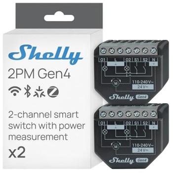 Shelly 2PM Gen4 - Módulo interruptor inteligente de 2 canales, Wi-Fi, Zigbee y Matter, control por app y voz, medición de consumo eléctrico - Pack de 2 piezas