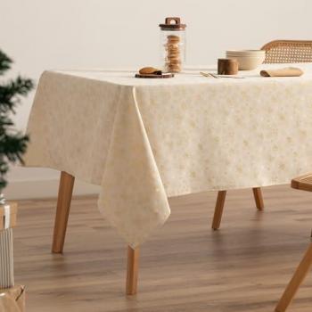 Mantel Navidad Rectangular de Algodón Jacquard Crudo con Hilo Dorado 140x300 cm