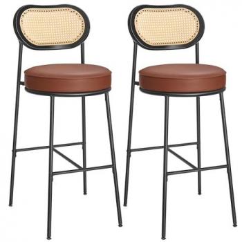 Conjunto de 2 Taburetes de Bar Altos en Ratán Bohemio - con Respaldo Curvado, 48.2x45.7x104.7 cm, Marrón Caramelo o Negro Tinta