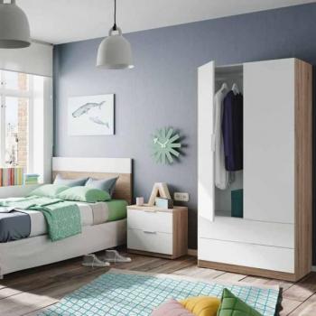 Pack de Muebles Dormitorio Juvenil Moderno Color Blanco y Roble con Cabezal, Mesita y Armario en Melamina Blanco - Madera Claro