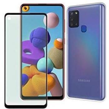 muvit for change Pack Compatible con Samsung Galaxy A21s Funda transp+prot.de Pantalla Vidrio Templado Plano Marco Negro Antibacteriano