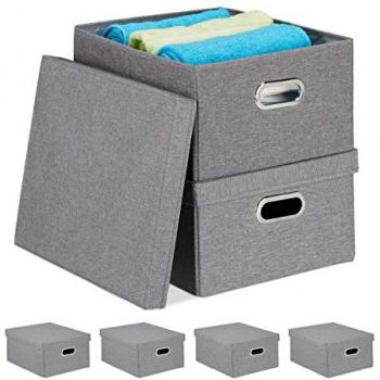 Set de 6 Cajas Organizadoras con Tapa, Almacenaje Plegable de Tela, 25 L, 20,5 x 34,5 x 42 cm, Color Gris
