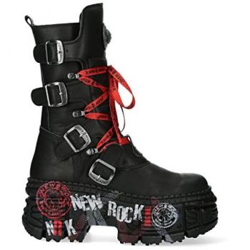 New Rock Unisex Mid Calf Black Punk Leather Platform Boots - WALL028B-C1 Size EU 38