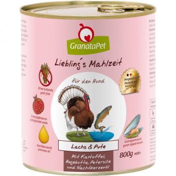 GranataPet Liebling's Mahlzeit 6 x 800 g - Salmón y Pavo con Patata, Escaramujo, Perejil y Aceite de Onagra