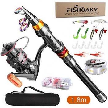 FishOaky Combo de Caña de Pescar y Carrete, 1.8M Fibra de Carbono Pesca Telescópica+Carrete de Pesca +Bolsa de Pesca+Cebos+Accesorios de Pesca para Agua Salada y Agua Dulce | Niños y Adultos