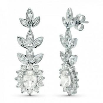 Pendientes largos de oro blanco 18k con forma de hojas, circonitas y colgante ovalado