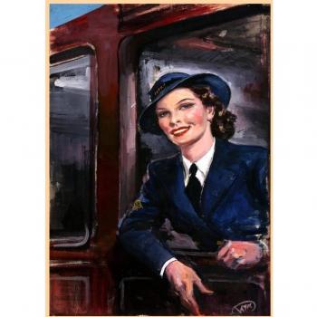 Británico de WW2 1939/45 pintura WREN esperando en un vagón de tren 250gsm polarmk tarjeta del arte A3 Póster