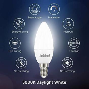Linkind Bombilla regulable E14, forma de vela, 40 W, sustituye a una bombilla halógena de 5 W, 5000 K, luz blanca fría, SES 470 lm, certificado CE/RoHS/ErP, 6 unidades
