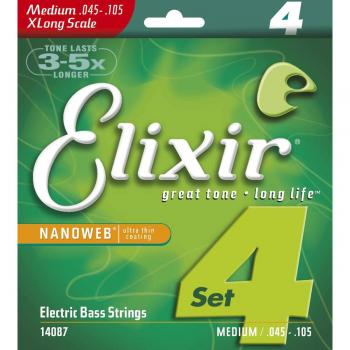 Elixir Strings Nickel Plated Steel 4-String Bass Strings w NANOWEB Coating, Extra Long Scale, Light/Medium