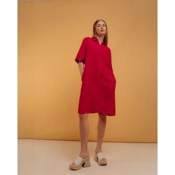 Vestido Corto Camisero Lino Manga Corta Cuello Solapa