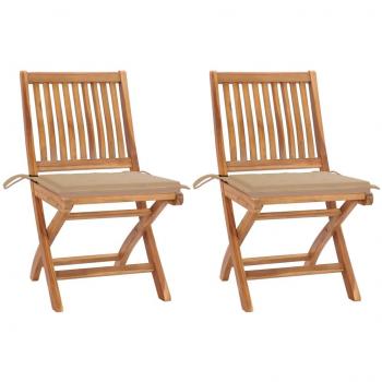 Sillas de jardín 2 piezas con cojines beige en madera de teca sólida