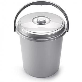 Acan Tradineur - Cubo redondo de plástico con tapa 21 litros, contenedor, recipiente multiusos, almacenamiento de basura y transporte de desperdicios y alimentos, color plata, dimensiones 37 x 34 x 40 cm