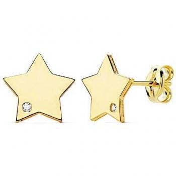 Pendientes Oro 18K Mujer 8mm. Estrella Lisa Punta Circonita Cierre Presión