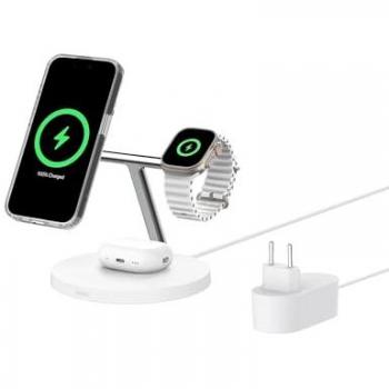 Estación de Carga Inalámbrica 3 en 1 Belkin BoostCharge Pro Qi2 15W con MagSafe, para iPhone, Apple Watch y AirPods, Blanco
