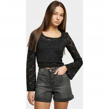 Women's Black Cropped Lace Long Sleeve Top - 2XL
