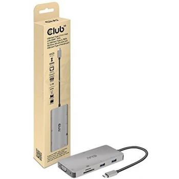 Hub USB-C 9-en-1 Club3D con HDMI, VGA, 2x USB Gen1 Type-A, RJ45, lector de tarjetas SD/Micro SD y carga PD de 100W