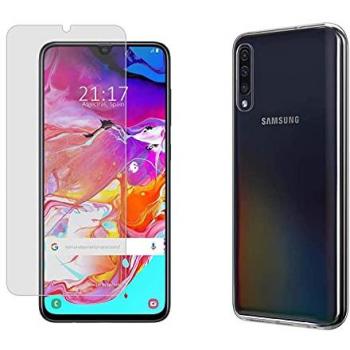 Pack 2 en 1 Funda Gel Transparente y Protector de Cristal Templado para Samsung Galaxy A70