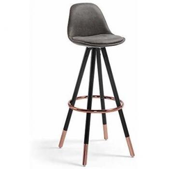Kave Home - Taburete Alto de Bar Slad Gris 74 cm con Respaldo, Asiento tapizado en Piel sintética y Patas de Madera Maciza de Haya